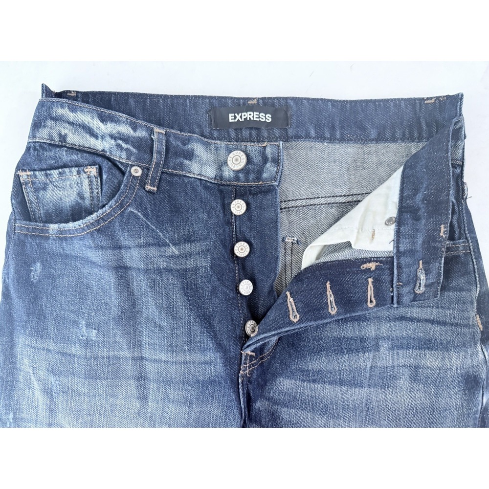 Express Vintage Ankle Button Fly Denim Jeans Womens Size 6 Distressed Whiskered - Picture 3 of 9